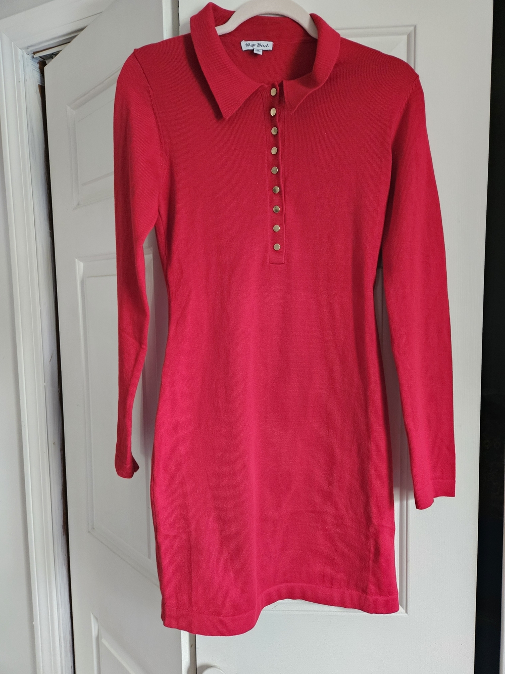 white birch Bright Red Long-Sleeve Polo Knit Dress with Gold Buttons
